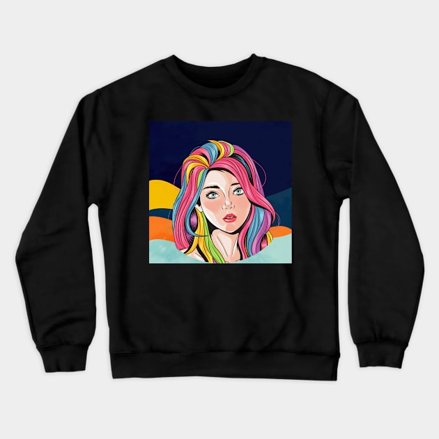 Look of innocence, Beautiful girl face with blue eyes and full color unicorn rainbow hair Art Print Crewneck Sweatshirt by Modern Art